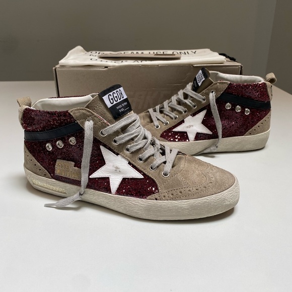 Golden Goose Mid Star Sneaker in Burgundy Glitter/Gray Suede sz 40 New in Box - Picture 12 of 13